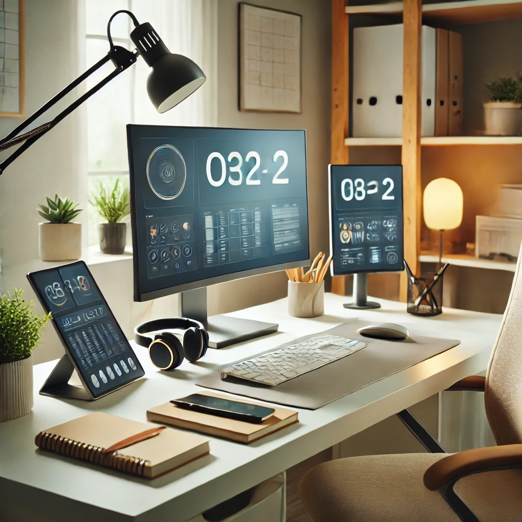 "Modern home office setup with a computer featuring multiple screens, a headset, a notepad, and a comfortable chair. The desk is neatly organized with minimal clutter, soft lighting, and a small plant, creating a professional yet cozy atmosphere ideal for remote work.