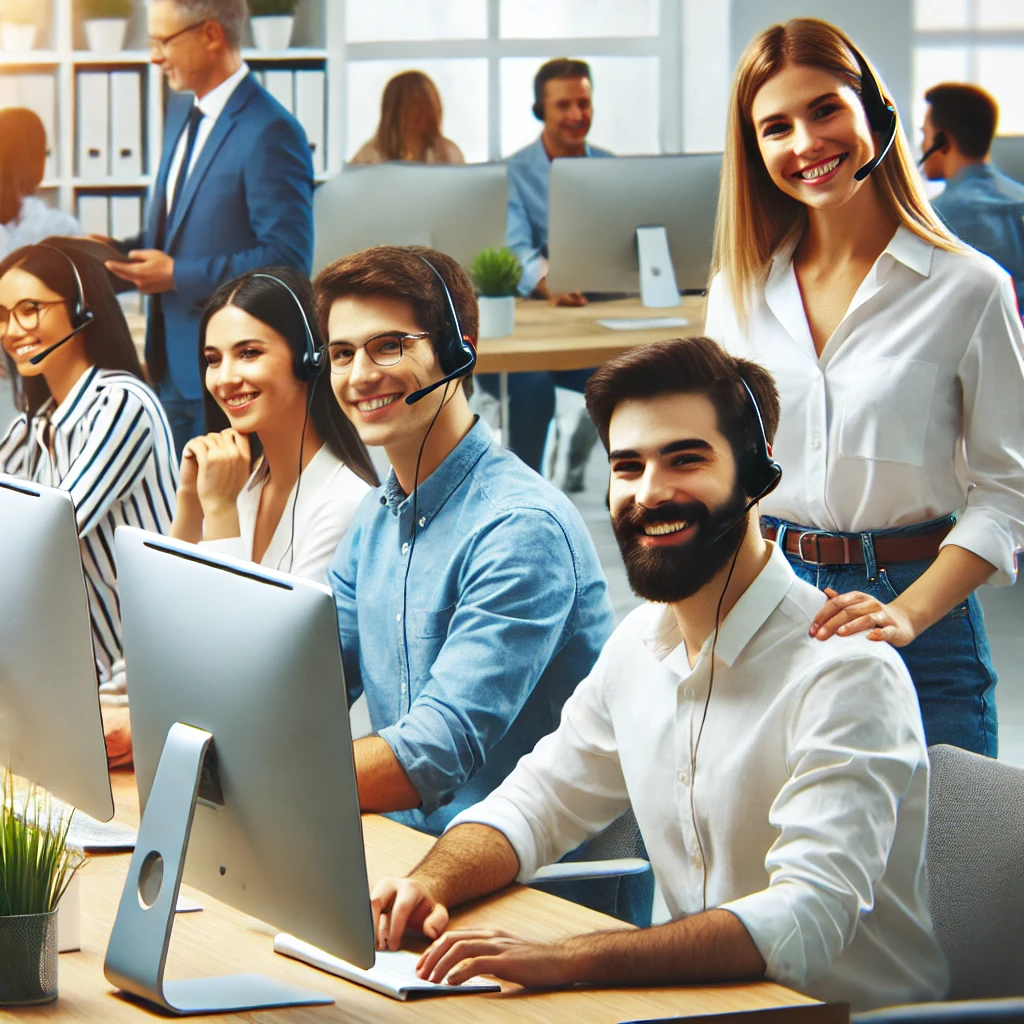 A modern, diverse office setting with people working on computers, representing a remote help desk team. The atmosphere is collaborative, with team members smiling and assisting each other, showcasing a supportive work environment.