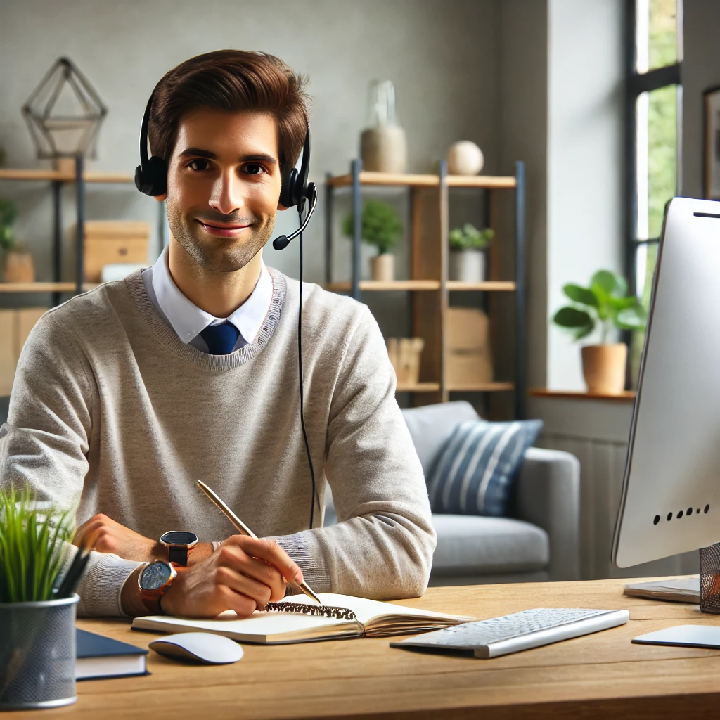 A friendly and professional tech support coordinator working remotely from a modern home office. The office has a clean, minimalist design with a laptop, a large monitor, and a headset on the desk. The background includes a bookshelf and a plant, creating a comfortable and productive environment.